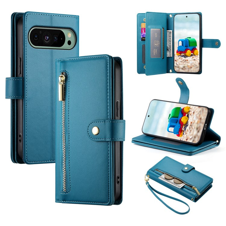 DF-011 For Google Pixel 9 / Pixel 9 Pro Case Multiple Card Slots Zipper PU Leather Phone Cover - Blue