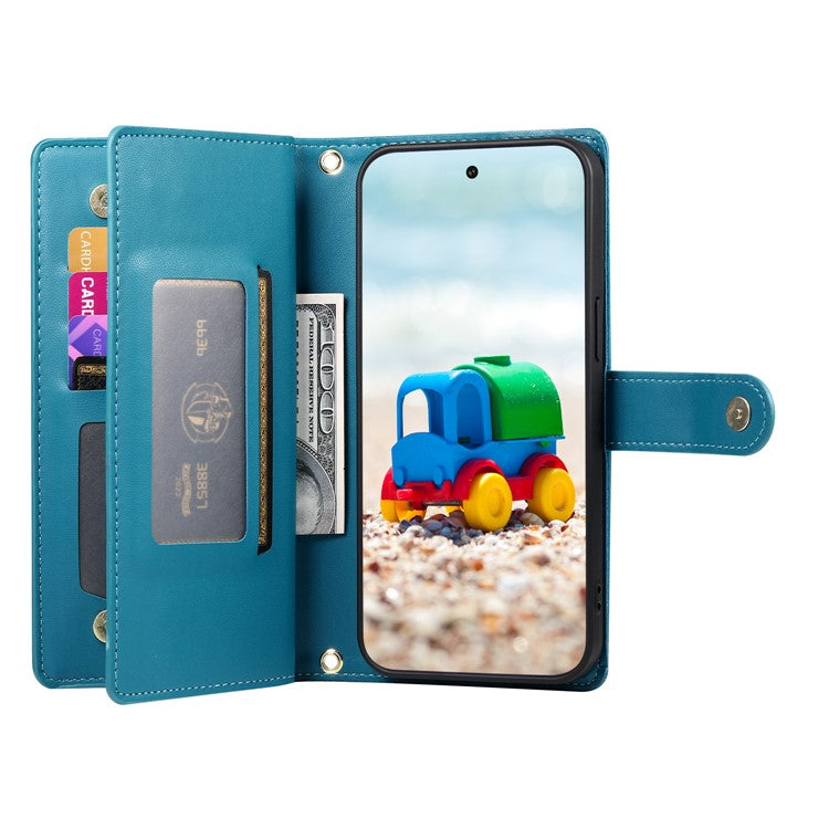 DF-011 For Google Pixel 9 / Pixel 9 Pro Case Multiple Card Slots Zipper PU Leather Phone Cover - Blue