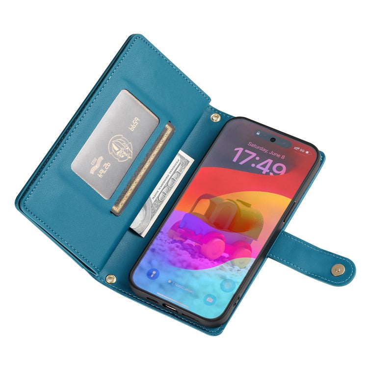 DF-011 For Google Pixel 9 / Pixel 9 Pro Case Multiple Card Slots Zipper PU Leather Phone Cover - Blue