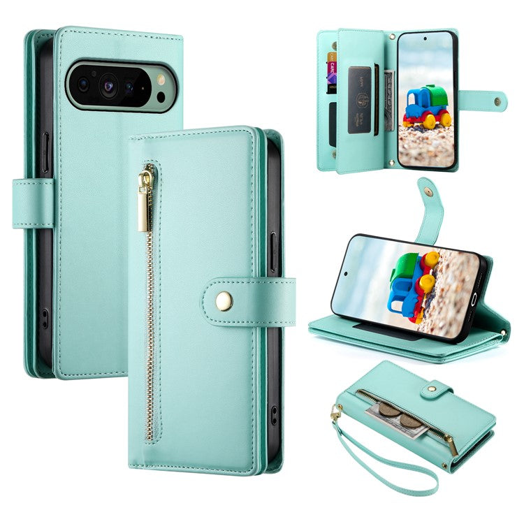 DF-011 For Google Pixel 9 / Pixel 9 Pro Case Multiple Card Slots Zipper PU Leather Phone Cover - Mint Green