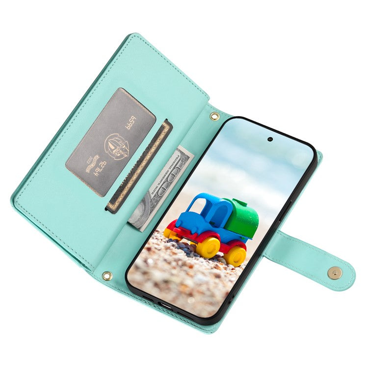 DF-011 For Google Pixel 9 / Pixel 9 Pro Case Multiple Card Slots Zipper PU Leather Phone Cover - Mint Green