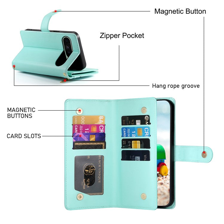DF-011 For Google Pixel 9 / Pixel 9 Pro Case Multiple Card Slots Zipper PU Leather Phone Cover - Mint Green