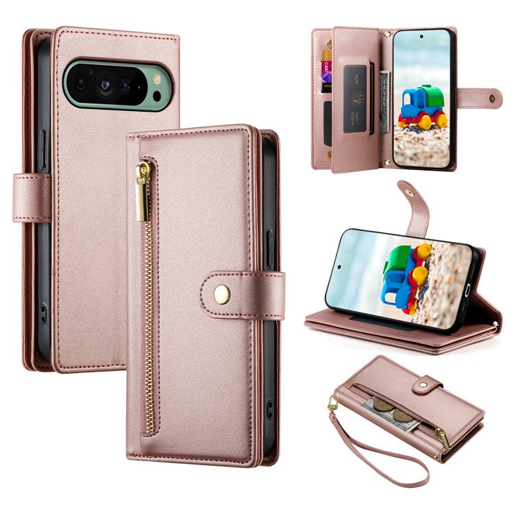DF-011 For Google Pixel 9 / Pixel 9 Pro Case Multiple Card Slots Zipper PU Leather Phone Cover - Pink