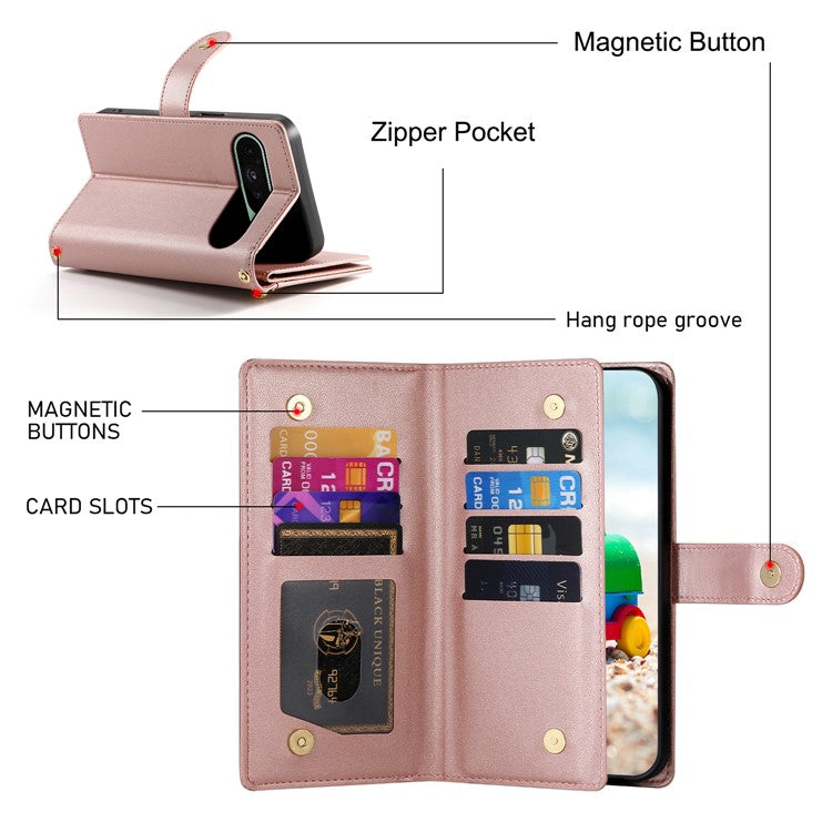 DF-011 For Google Pixel 9 / Pixel 9 Pro Case Multiple Card Slots Zipper PU Leather Phone Cover - Pink