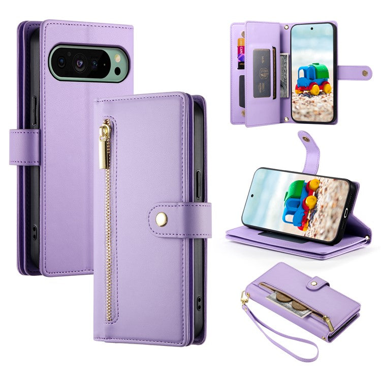 DF-011 For Google Pixel 9 / Pixel 9 Pro Case Multiple Card Slots Zipper PU Leather Phone Cover - Purple