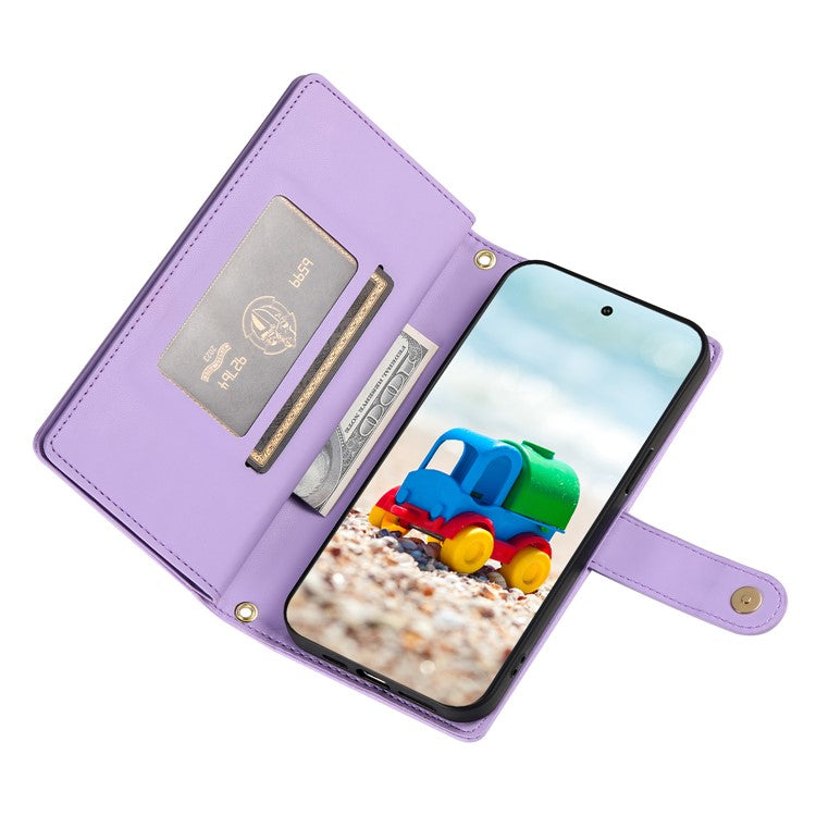 DF-011 For Google Pixel 9 / Pixel 9 Pro Case Multiple Card Slots Zipper PU Leather Phone Cover - Purple
