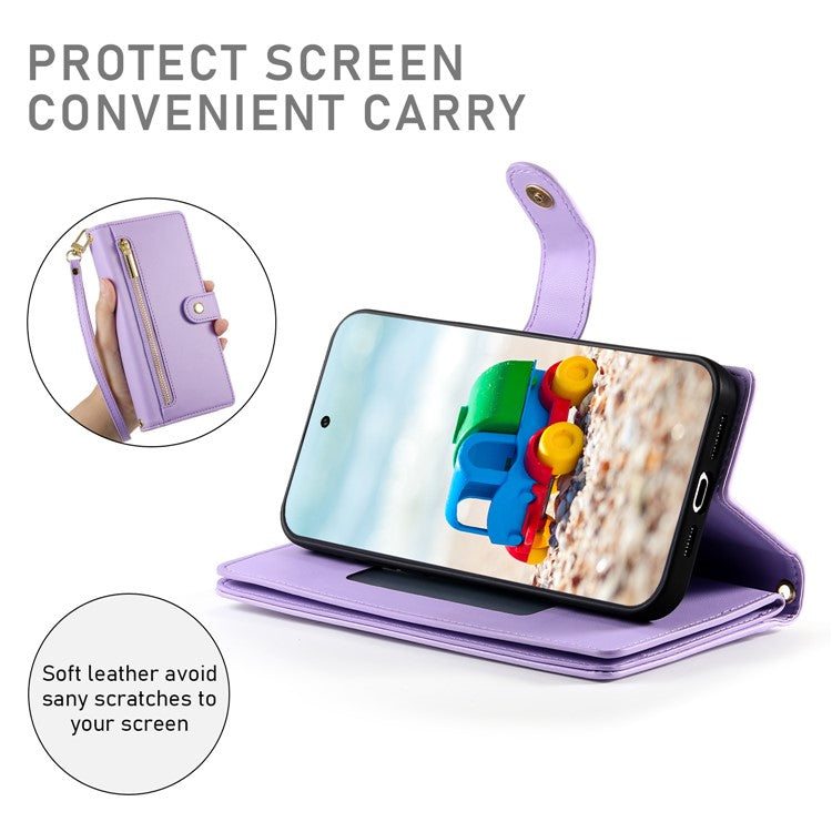 DF-011 For Google Pixel 9 / Pixel 9 Pro Case Multiple Card Slots Zipper PU Leather Phone Cover - Purple