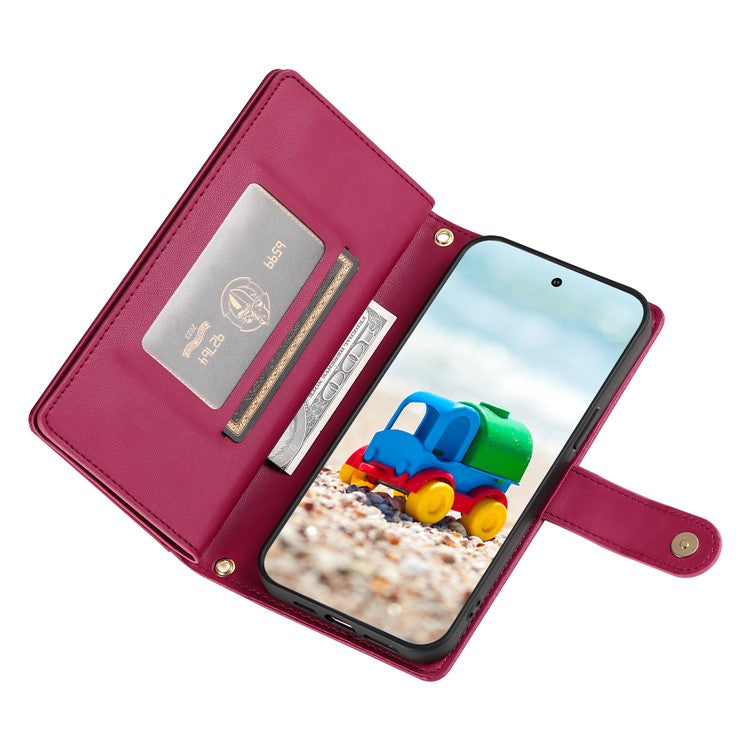 DF-011 For Google Pixel 9 / Pixel 9 Pro Case Multiple Card Slots Zipper PU Leather Phone Cover - Red