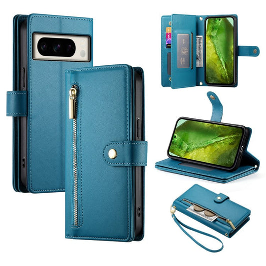 DF-011 For Google Pixel 8a Case Zipper Pocket Stand Leather Phone Cover with Shoulder Strap - Blue