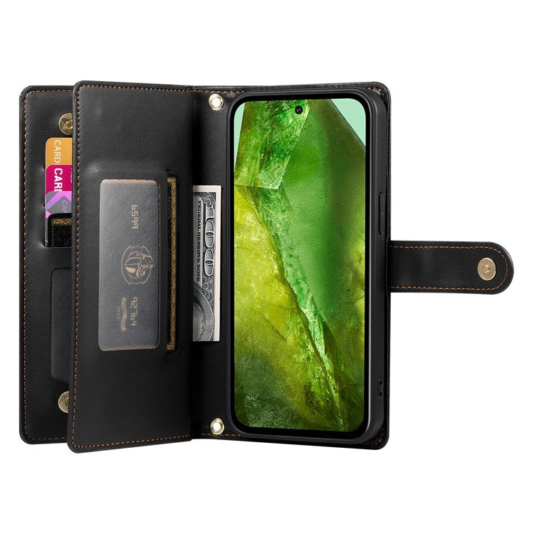 DF-011 For Google Pixel 8a Case Zipper Pocket Stand Leather Phone Cover with Shoulder Strap - Black