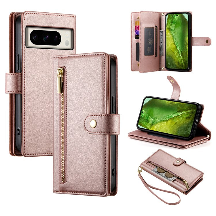 DF-011 For Google Pixel 8a Case Zipper Pocket Stand Leather Phone Cover with Shoulder Strap - Pink