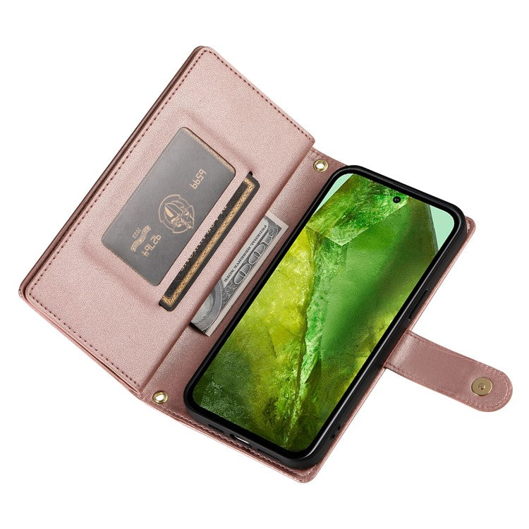 DF-011 For Google Pixel 8a Case Zipper Pocket Stand Leather Phone Cover with Shoulder Strap - Pink