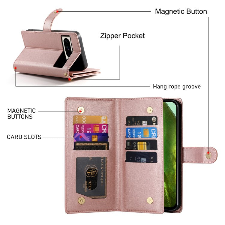 DF-011 For Google Pixel 8a Case Zipper Pocket Stand Leather Phone Cover with Shoulder Strap - Pink