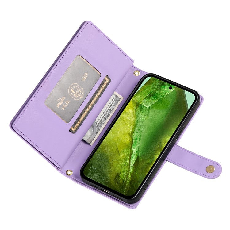 DF-011 For Google Pixel 8a Case Zipper Pocket Stand Leather Phone Cover with Shoulder Strap - Purple