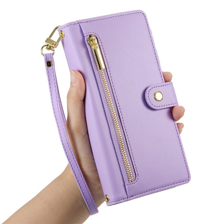 DF-011 For Google Pixel 8a Case Zipper Pocket Stand Leather Phone Cover with Shoulder Strap - Purple