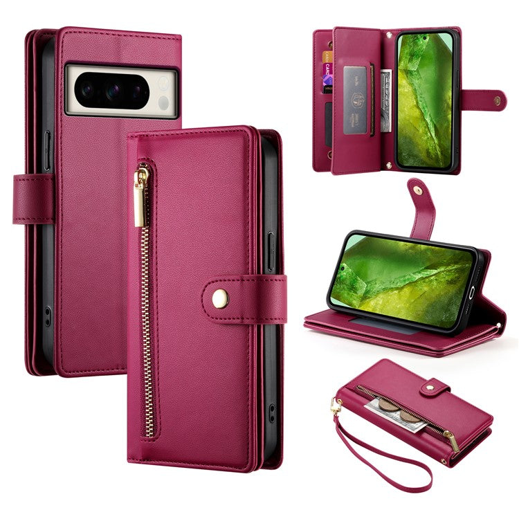 DF-011 For Google Pixel 8a Case Zipper Pocket Stand Leather Phone Cover with Shoulder Strap - Red