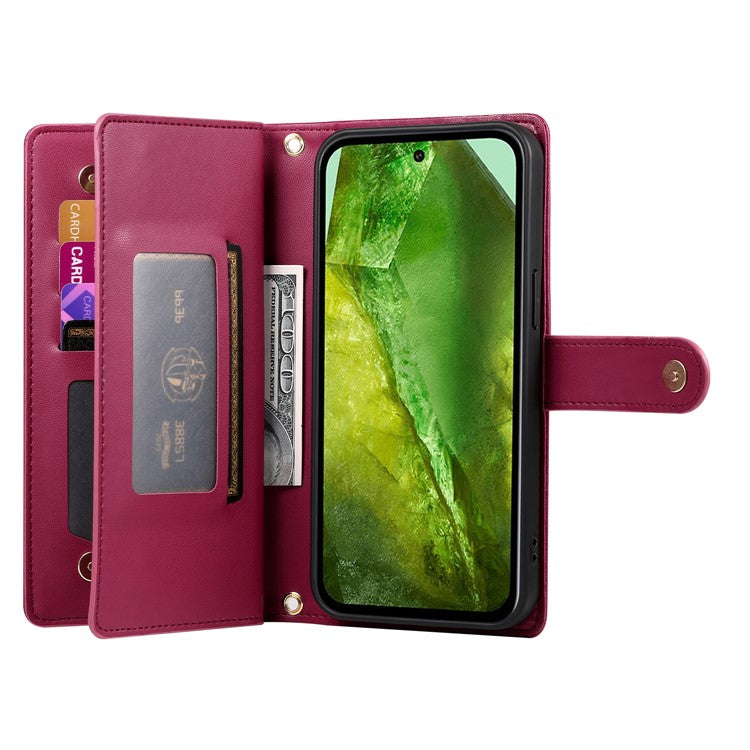 DF-011 For Google Pixel 8a Case Zipper Pocket Stand Leather Phone Cover with Shoulder Strap - Red