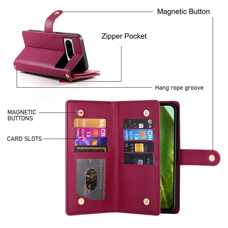DF-011 For Google Pixel 8a Case Zipper Pocket Stand Leather Phone Cover with Shoulder Strap - Red