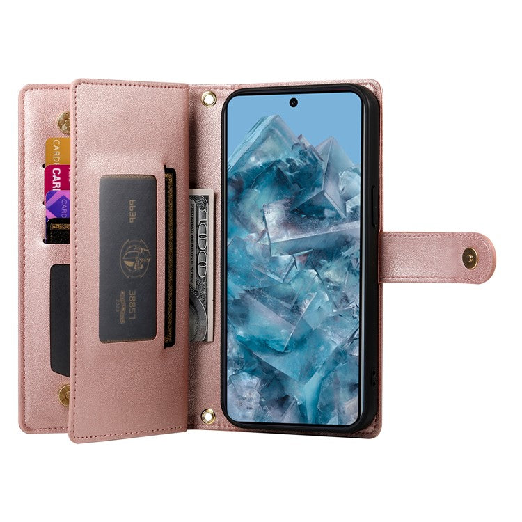 DF-011 For Google Pixel 8 Pro Case Card Slots PU Leather Zipper Pocket Phone Cover - Pink