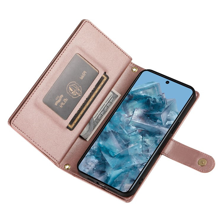 DF-011 For Google Pixel 8 Pro Case Card Slots PU Leather Zipper Pocket Phone Cover - Pink