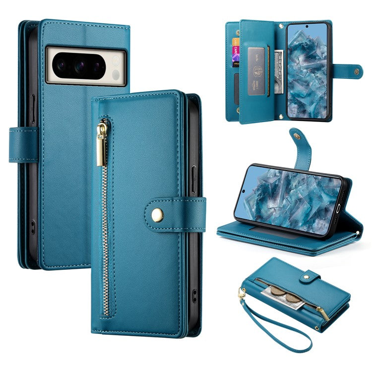 DF-011 For Google Pixel 8 Pro Case Card Slots PU Leather Zipper Pocket Phone Cover - Blue