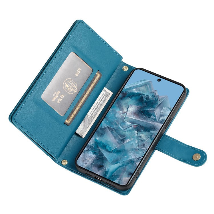 DF-011 For Google Pixel 8 Pro Case Card Slots PU Leather Zipper Pocket Phone Cover - Blue