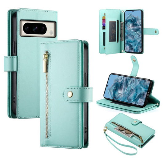DF-011 For Google Pixel 8 Pro Case Card Slots PU Leather Zipper Pocket Phone Cover - Mint Green