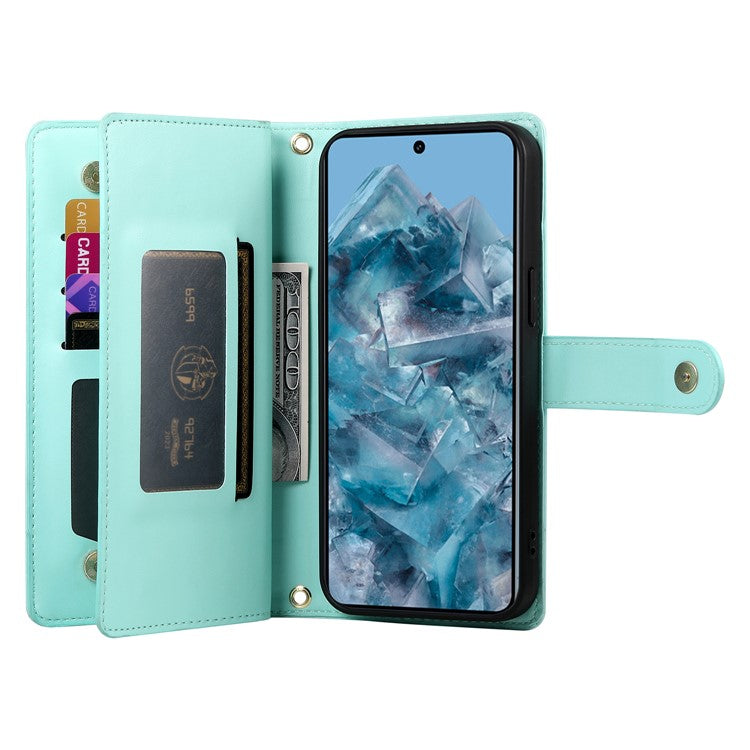 DF-011 For Google Pixel 8 Pro Case Card Slots PU Leather Zipper Pocket Phone Cover - Mint Green