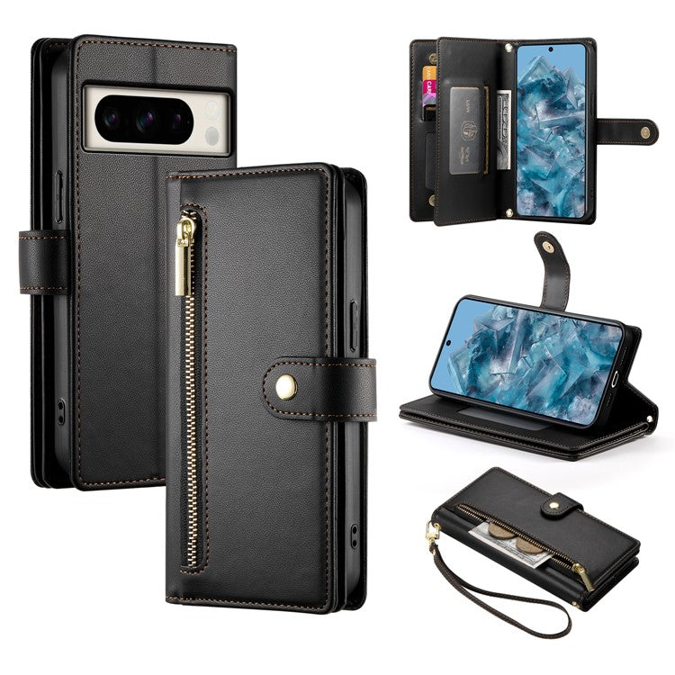 DF-011 For Google Pixel 8 Pro Case Card Slots PU Leather Zipper Pocket Phone Cover - Black