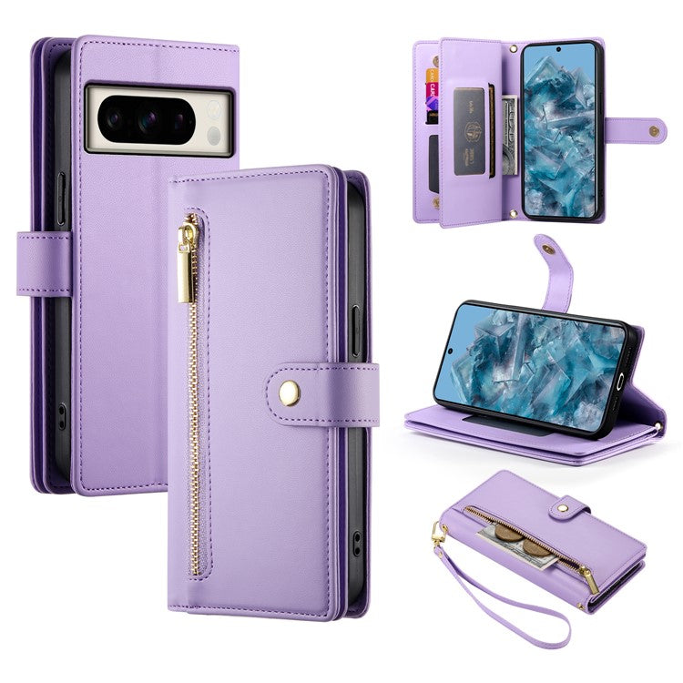 DF-011 For Google Pixel 8 Pro Case Card Slots PU Leather Zipper Pocket Phone Cover - Purple