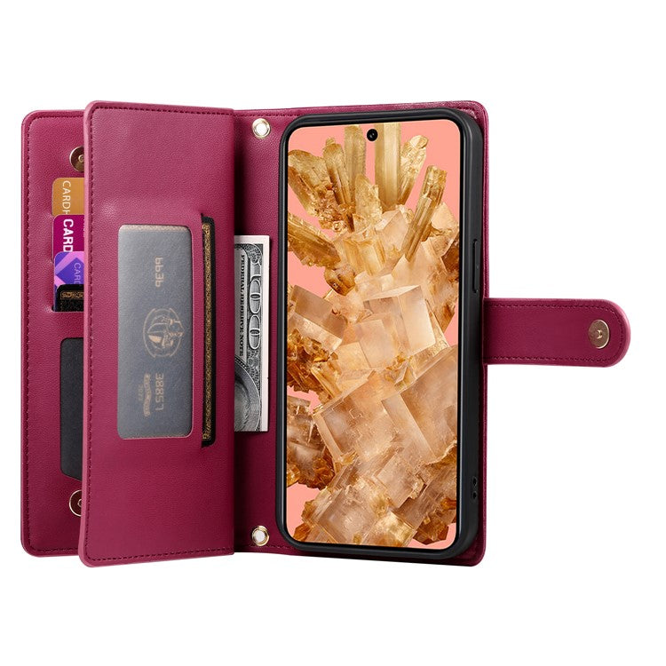 DF-011 For Google Pixel 8 Case Crossbody Leather Phone Cover with Zipper Wallet Card Slots - Red