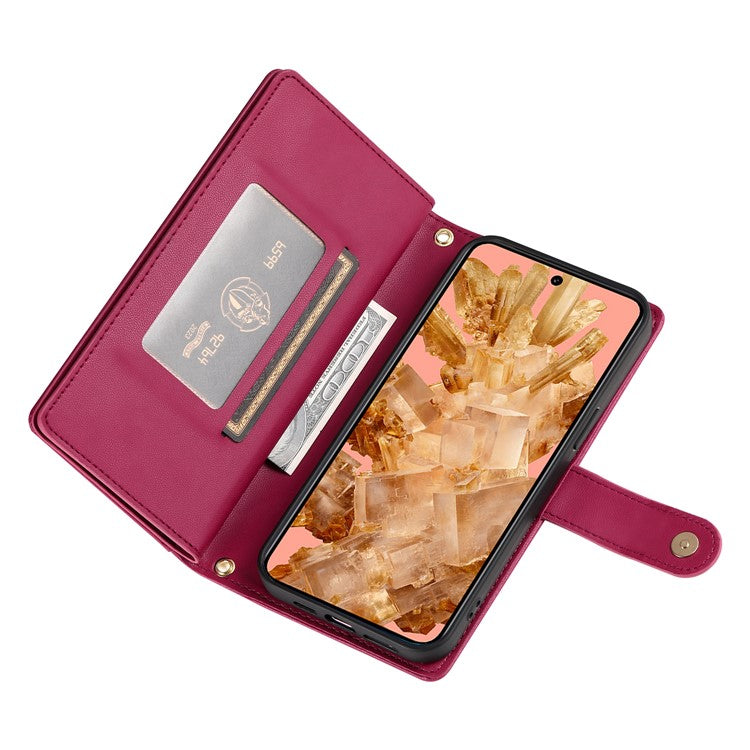 DF-011 For Google Pixel 8 Case Crossbody Leather Phone Cover with Zipper Wallet Card Slots - Red