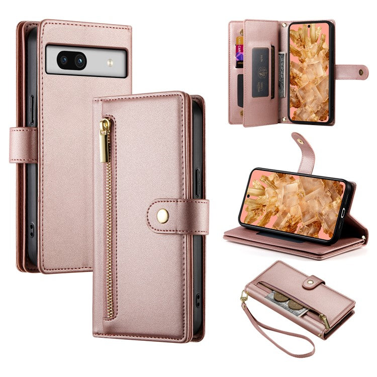 DF-011 For Google Pixel 8 Case Crossbody Leather Phone Cover with Zipper Wallet Card Slots - Pink