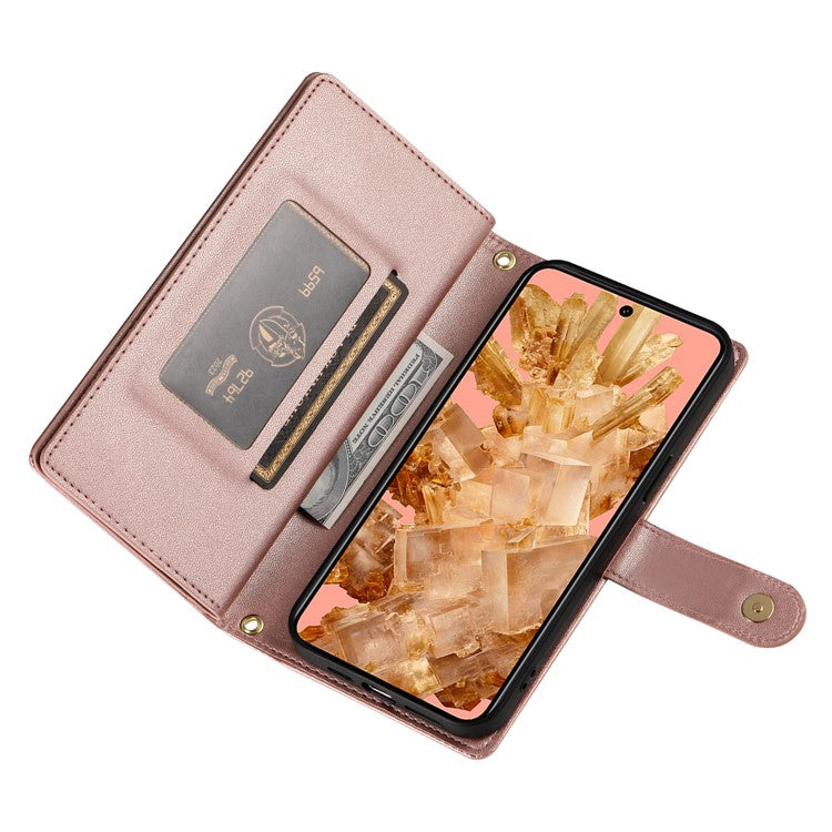 DF-011 For Google Pixel 8 Case Crossbody Leather Phone Cover with Zipper Wallet Card Slots - Pink