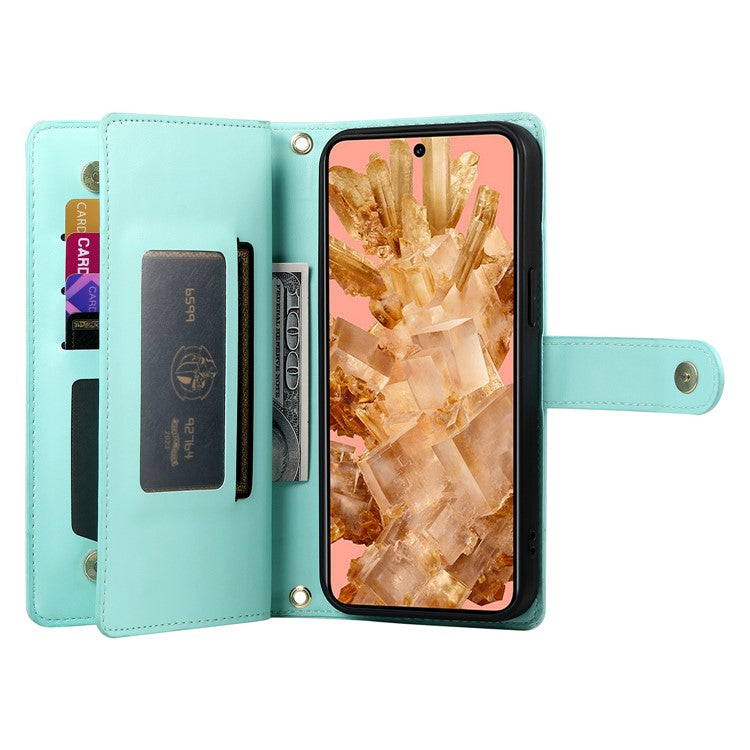 DF-011 For Google Pixel 8 Case Crossbody Leather Phone Cover with Zipper Wallet Card Slots - Mint Green