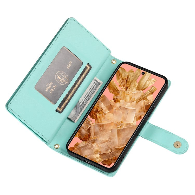 DF-011 For Google Pixel 8 Case Crossbody Leather Phone Cover with Zipper Wallet Card Slots - Mint Green