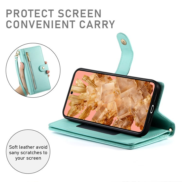 DF-011 For Google Pixel 8 Case Crossbody Leather Phone Cover with Zipper Wallet Card Slots - Mint Green