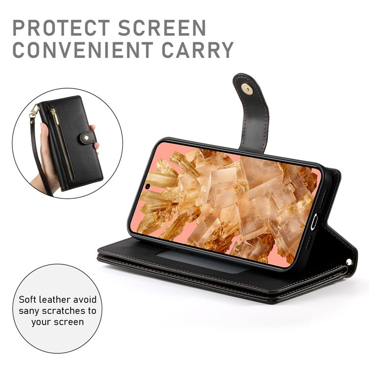DF-011 For Google Pixel 8 Case Crossbody Leather Phone Cover with Zipper Wallet Card Slots - Black