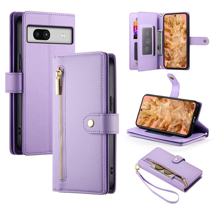 DF-011 For Google Pixel 8 Case Crossbody Leather Phone Cover with Zipper Wallet Card Slots - Purple