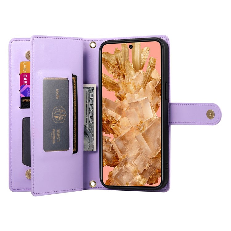DF-011 For Google Pixel 8 Case Crossbody Leather Phone Cover with Zipper Wallet Card Slots - Purple