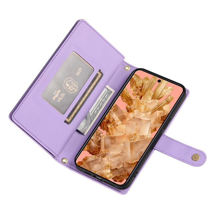 DF-011 For Google Pixel 8 Case Crossbody Leather Phone Cover with Zipper Wallet Card Slots - Purple