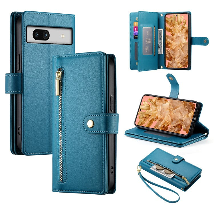 DF-011 For Google Pixel 8 Case Crossbody Leather Phone Cover with Zipper Wallet Card Slots - Blue