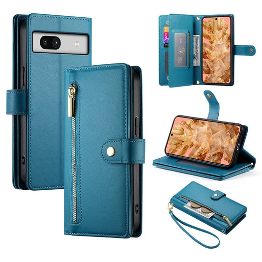 DF-011 For Google Pixel 8 Case Crossbody Leather Phone Cover with Zipper Wallet Card Slots - Blue