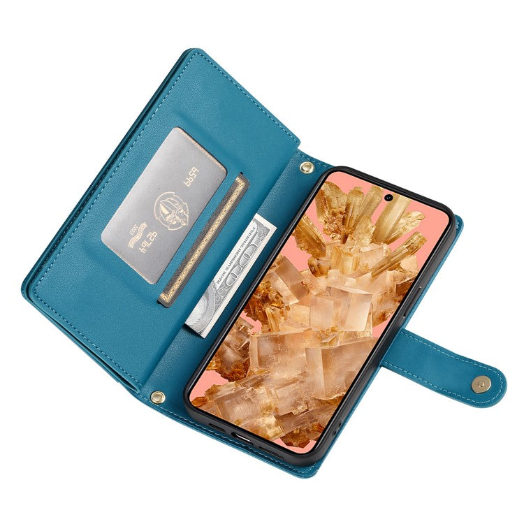 DF-011 For Google Pixel 8 Case Crossbody Leather Phone Cover with Zipper Wallet Card Slots - Blue