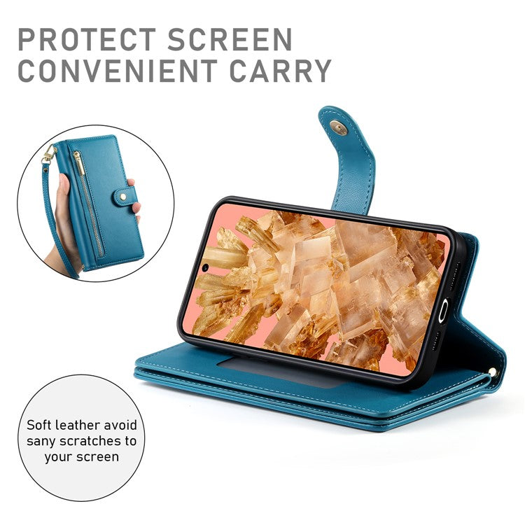 DF-011 For Google Pixel 8 Case Crossbody Leather Phone Cover with Zipper Wallet Card Slots - Blue