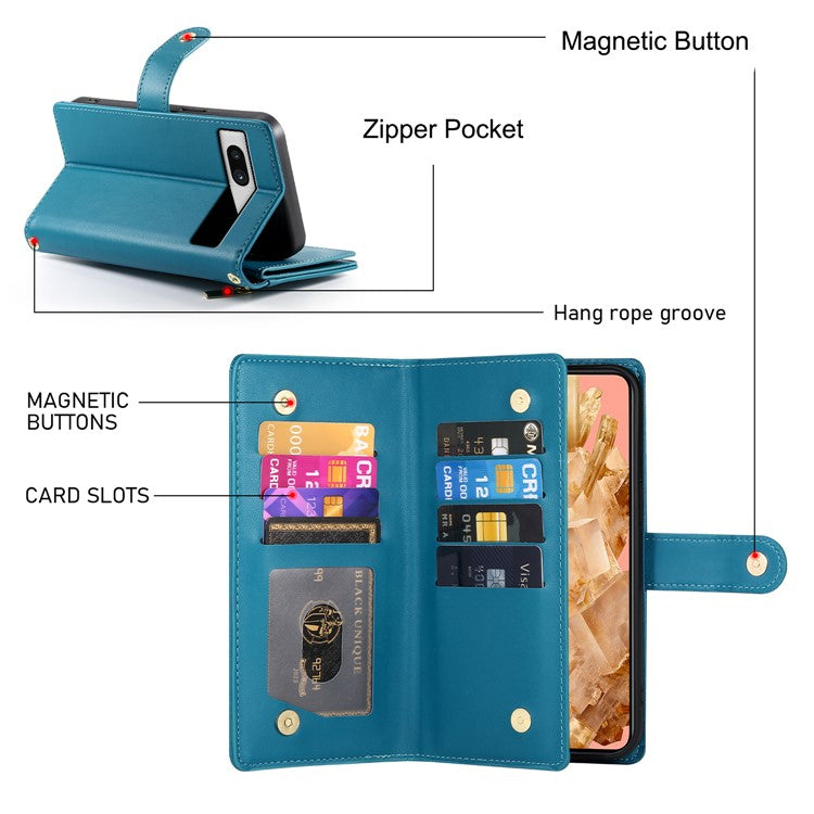 DF-011 For Google Pixel 8 Case Crossbody Leather Phone Cover with Zipper Wallet Card Slots - Blue