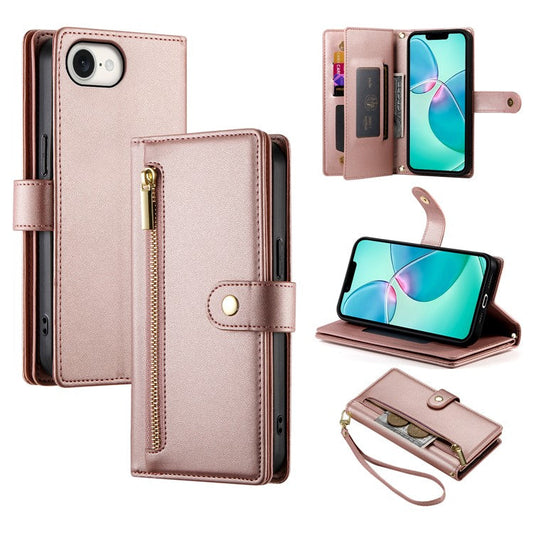 DF-011 For iPhone 16e Case Zipper Wallet PU Leather Crossbody Phone Bag - Pink