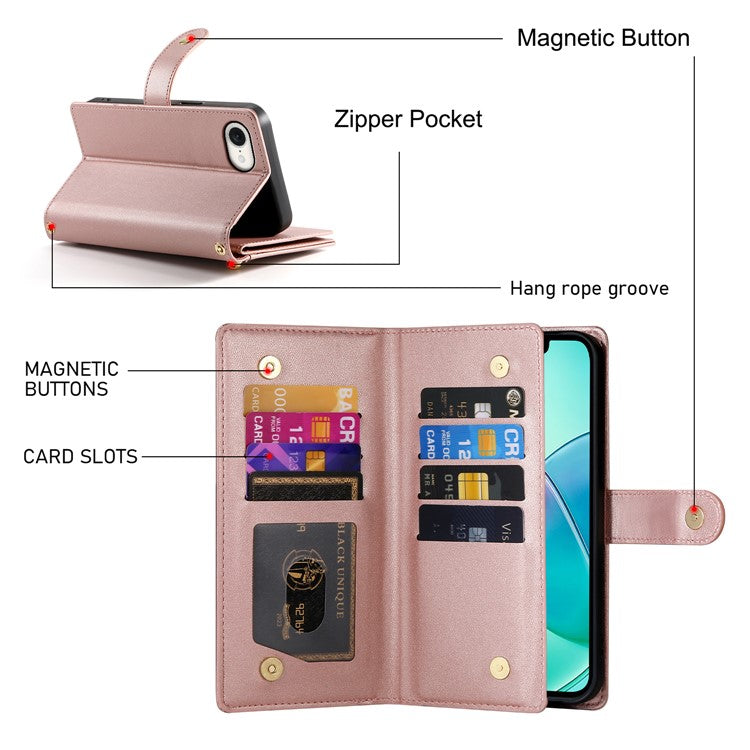DF-011 For iPhone 16e Case Zipper Wallet PU Leather Crossbody Phone Bag - Pink