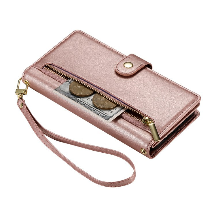 DF-011 For iPhone 16e Case Zipper Wallet PU Leather Crossbody Phone Bag - Pink