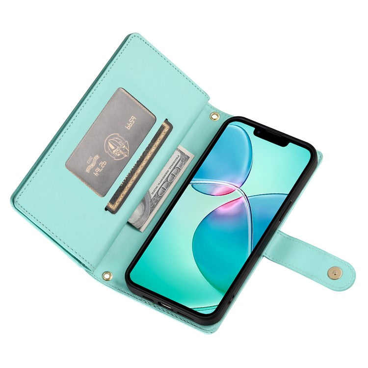 DF-011 For iPhone 16e Case Zipper Wallet PU Leather Crossbody Phone Bag - Mint Green